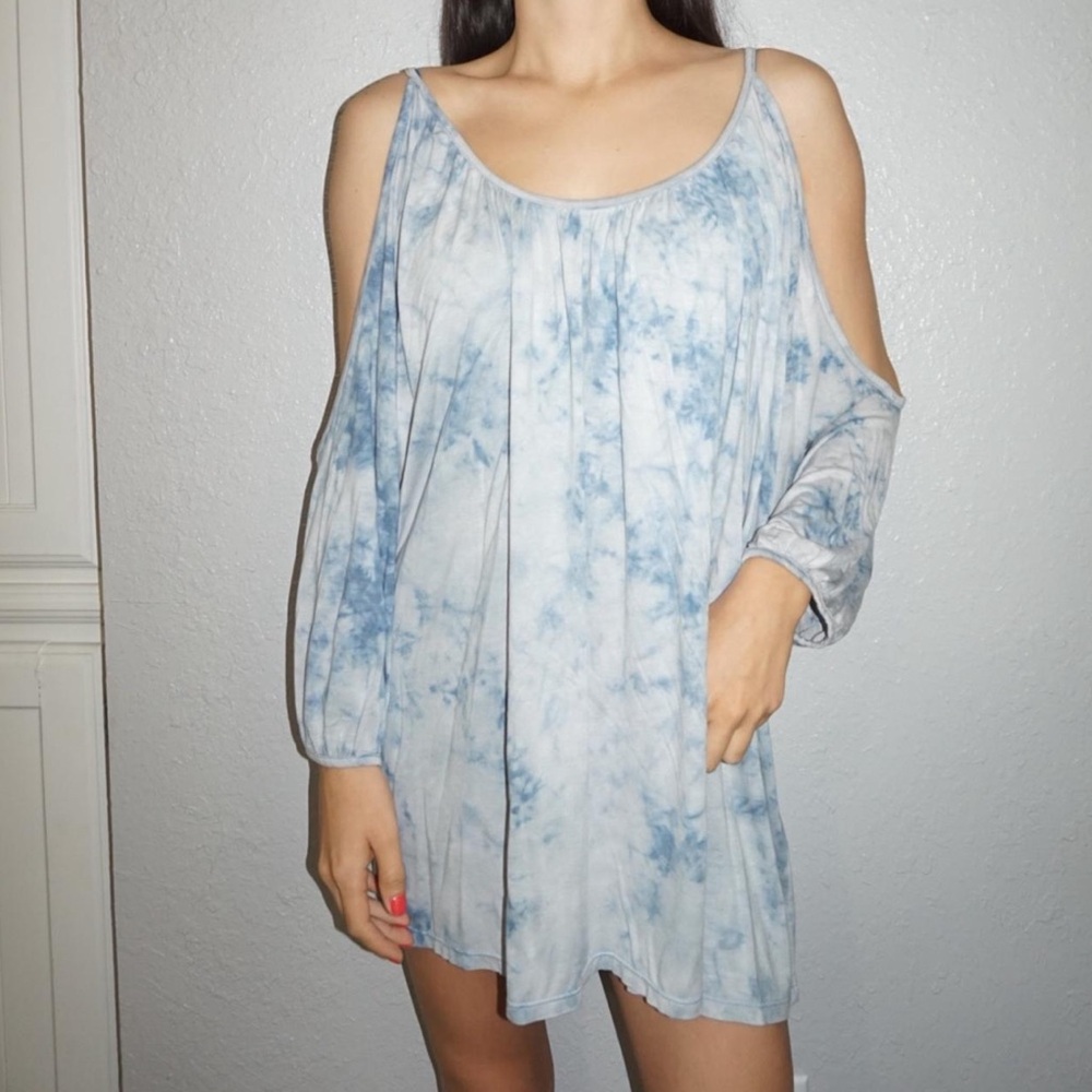 Blue Tie-Dye Cold Shoulder Top